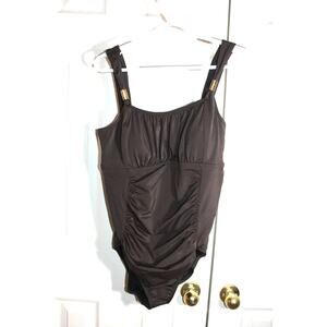 Land's End Chocolate Brown Slender Lite Shirred One Piece Swimsuit sz 16